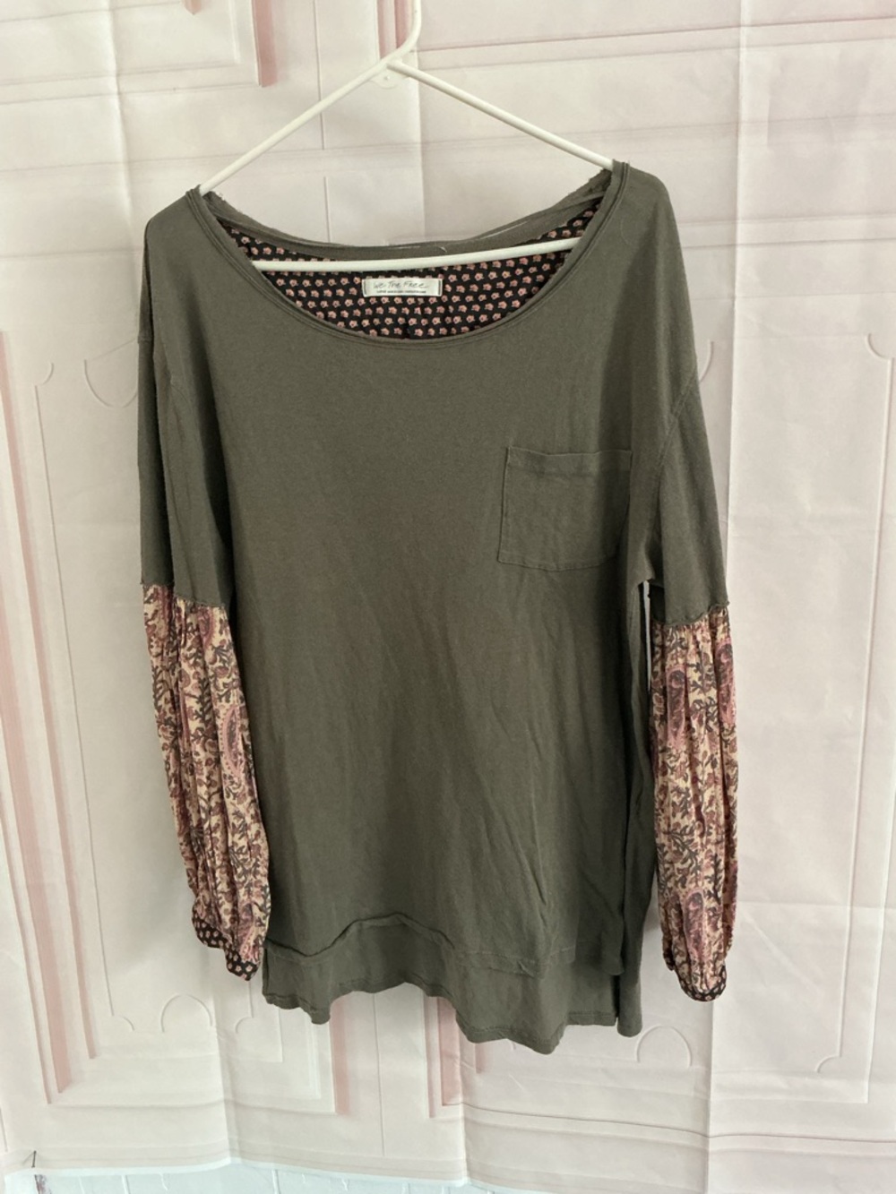 We The Free Olive Long Sleeve Top with Printed Pink Mix Sleeves.  NWOT